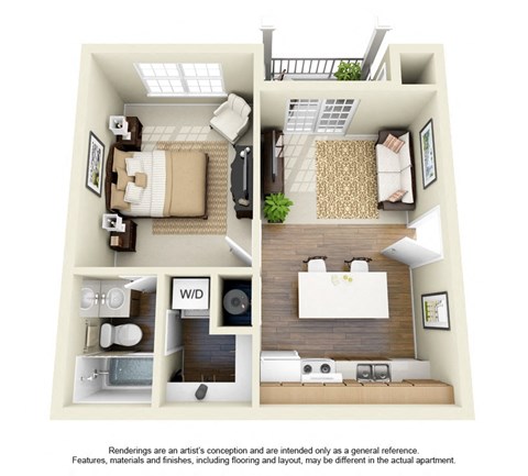 Floor plan for 1 bed, 1 bath, 489 sqft